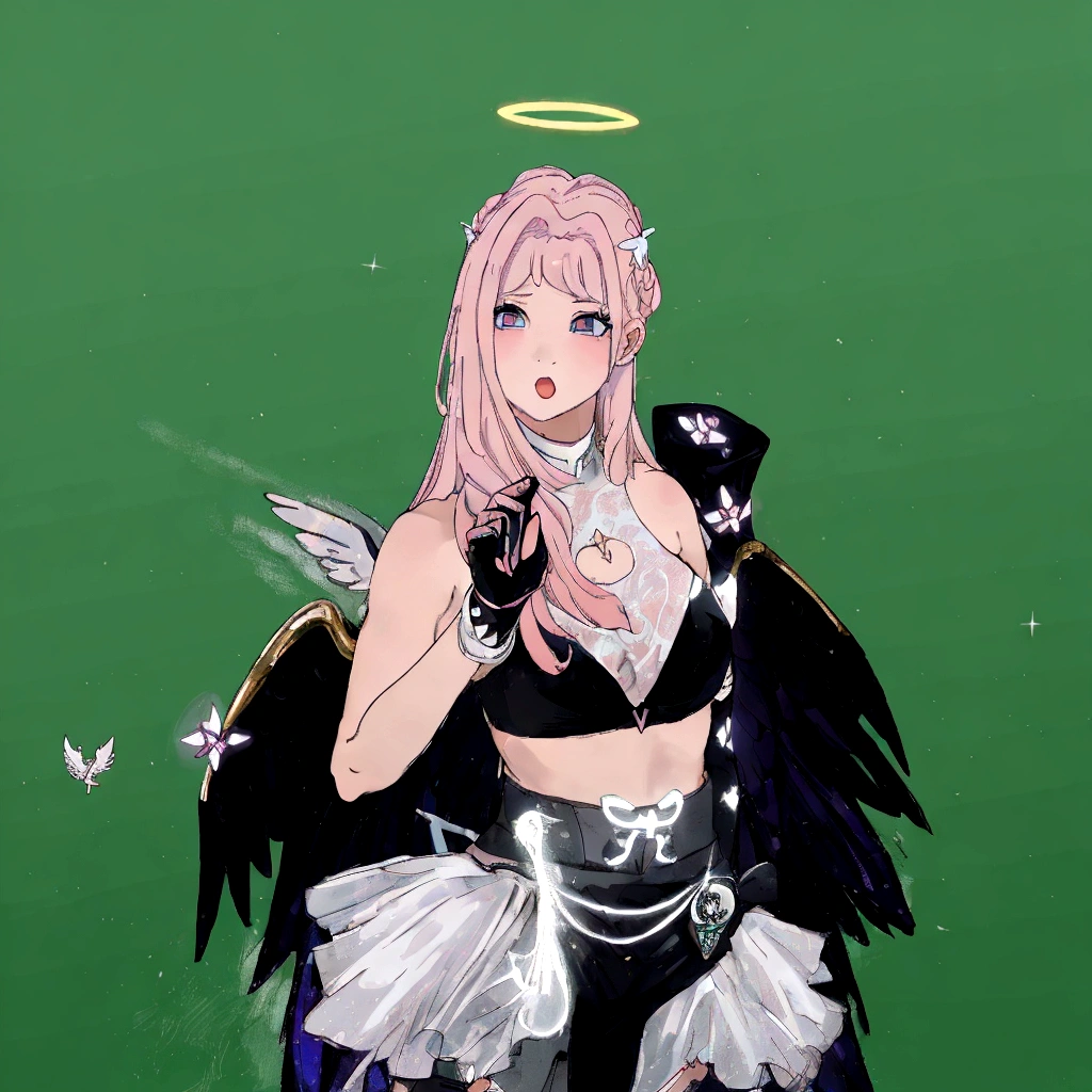 there is a woman with pink hair and angel wings posing, wearing angel halo, young wan angel, full - body majestic angel, wearing angel, villainess has black angel wings, angelic halo, angel halo, angel knight girl, as a mystical valkyrie, of an beautiful angel girl, kda, epic angel wings, npc with a saint's halo, angel knight gothic girl