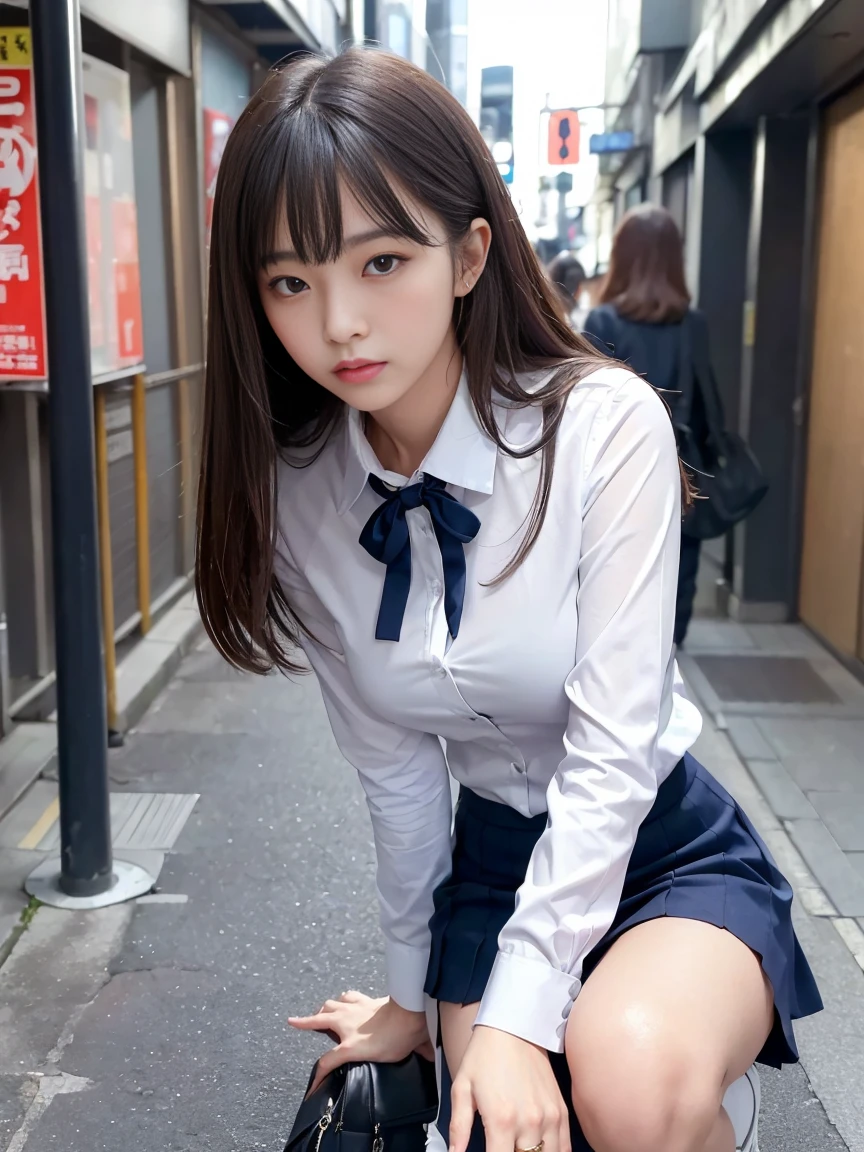 (High level image quality、high quality、highest resolution、masterpiece、Detail、strobe shooting)、looking at the camera、light brown long straight hair、She wears a navy blue blazer with a high neck. .)、(She is wearing a navy blue checked skirt..)、He is wearing an open collar white shirt for students..、wearing white panties、Wearing white socks、she wears black loafers、have a student bag、(Flip your skirt over with both hands）、(Spread your legs wide apart）、Shooting from a low angle、 (Shinjuku daytime alley)、(me&#39;m on a sidewalk lined with stores.)
