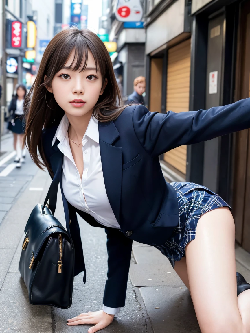 (High level image quality、high quality、highest resolution、masterpiece、Detail、strobe shooting)、looking at the camera、light brown long straight hair、She wears a navy blue blazer with a high neck. .)、(She is wearing a navy blue checked skirt..)、He is wearing an open collar white shirt for students..、wearing white panties、Wearing white socks、she wears black loafers、have a student bag、(Flip your skirt over with both hands)、(Spread your legs wide apart)、Shooting from a low angle、 (Shinjuku daytime alley)、(me'm on a sidewalk lined with stores.)