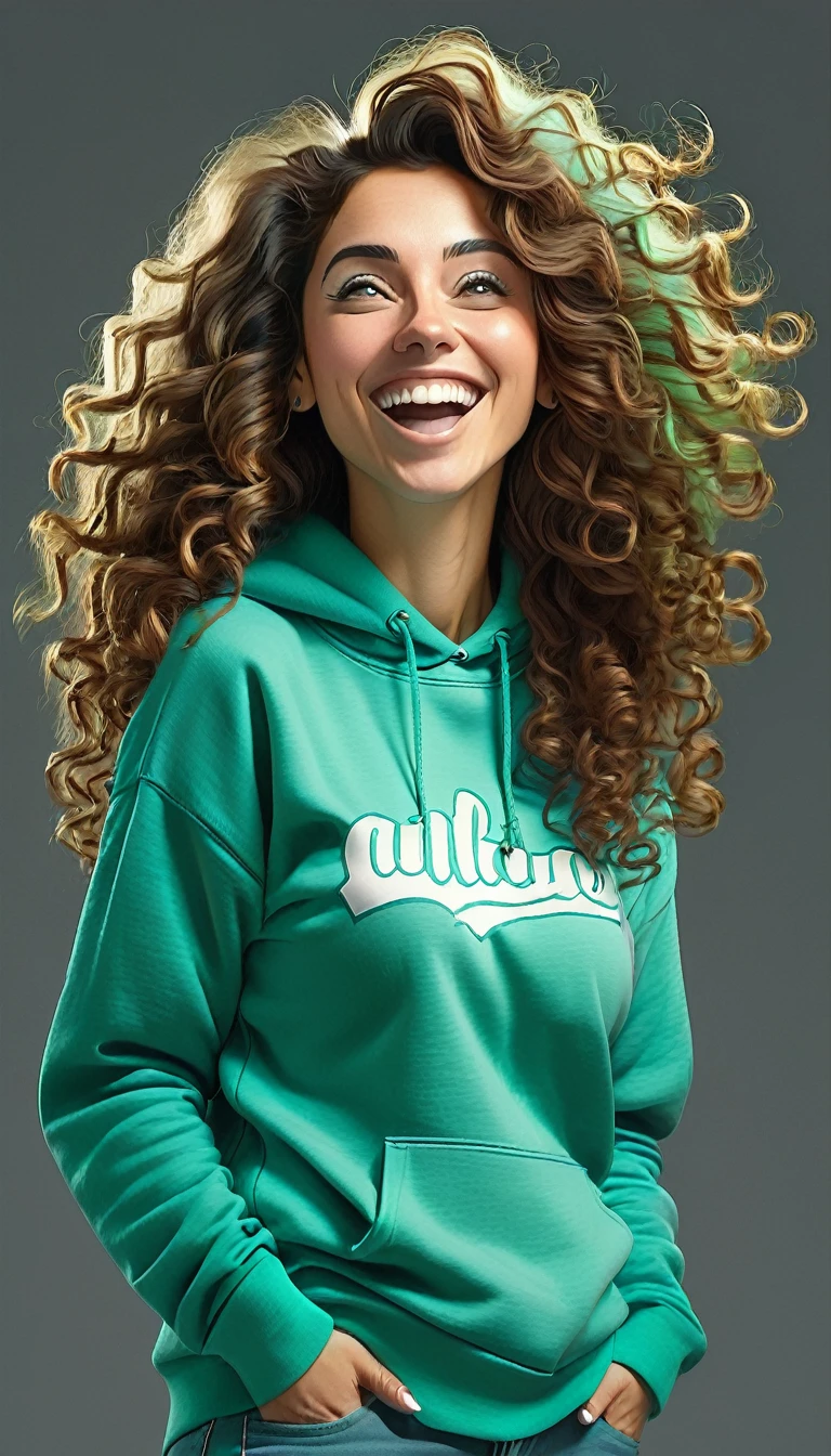 Created a full-body caricature image in high resolution, the character is a 30 year old woman, wears turquoise green sweatshirt, long  curly hair, the woman is looking up and happy