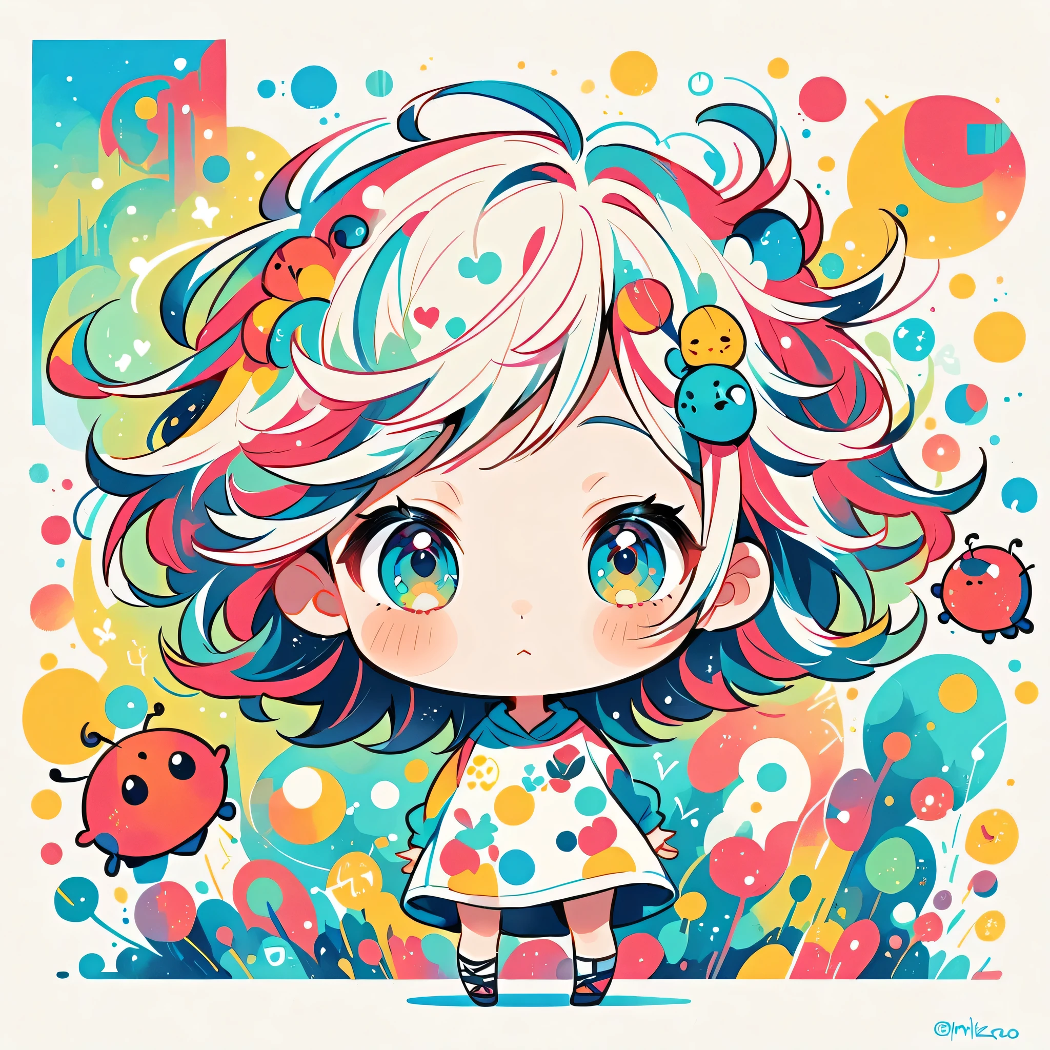 Mika Pikazo style, Standing in front of a high wall,Simple Line Initialism,Abstract art,Urban Background, (((The most beautiful girl))), (((chibi))), Cute and colorful pillbugs,