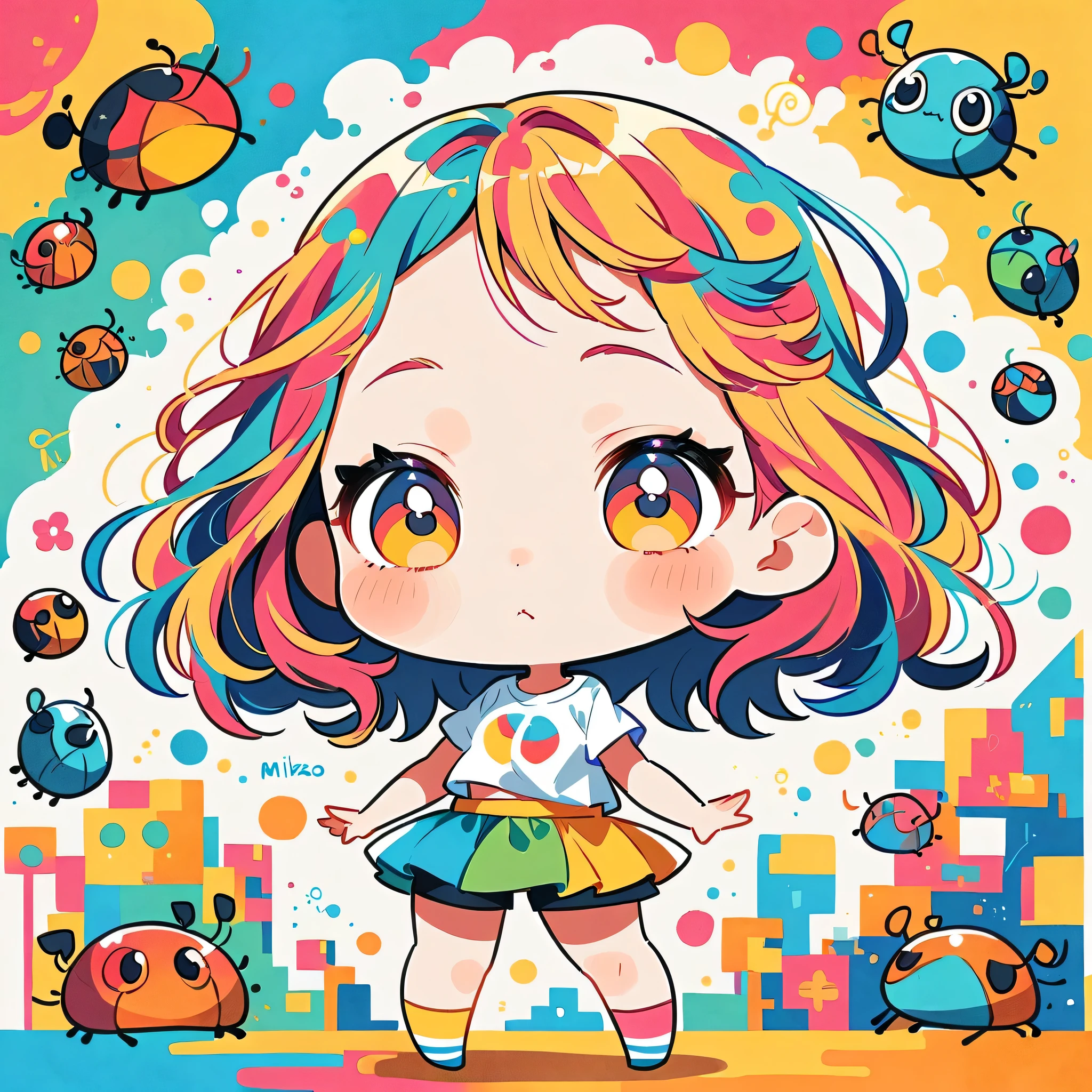 Mika Pikazo style, Standing in front of a high wall,Simple Line Initialism,Abstract art,Urban Background, (((The most beautiful girl))), (((chibi))), Cute and colorful pillbugs,