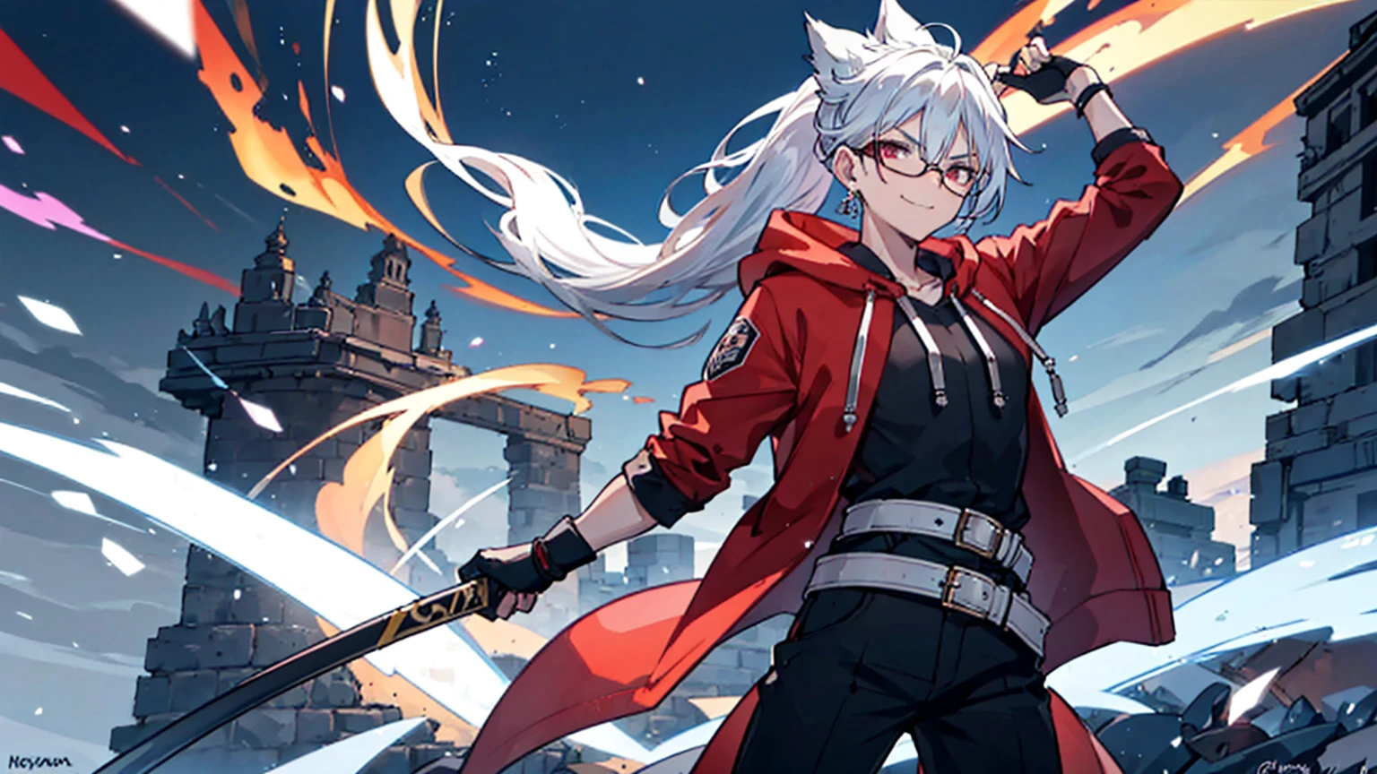 Perfect anatomy and highly detailed face, Delicate depiction of the eyes, Accurate drawing, Beautiful Hair, Detailed Background, Edgy, Depiction of a single male human in combat, The subject is only one man in his late 20s., Red hoodie and black pants, Warm, loose-fitting clothing, , A casual fashion style where you wrap your jacket around your waist, Tanned or deep brown skin, Her distinctive white or silver hair is tied in a short ponytail., He wears his distinctive trademark thick black-rimmed glasses., Modest earrings, Mafia with a cynical smile, A Villain with a Very Deep Wound, A sarcastic man with a malicious smile, A young man with narrowed eyes smiling, I have inner loneliness, Deep down, I feel like life is hard, Jealousy and envy towards successful people, The insight and resignation that come from hard work and failure, Perverse Desperation, Sword in a sheath, A mercenary with a scimitar on his belt, Wielder of a sheathed sabre, The scene of a large-scale indiscriminate terrorist attack, Burning and collapsing building,
