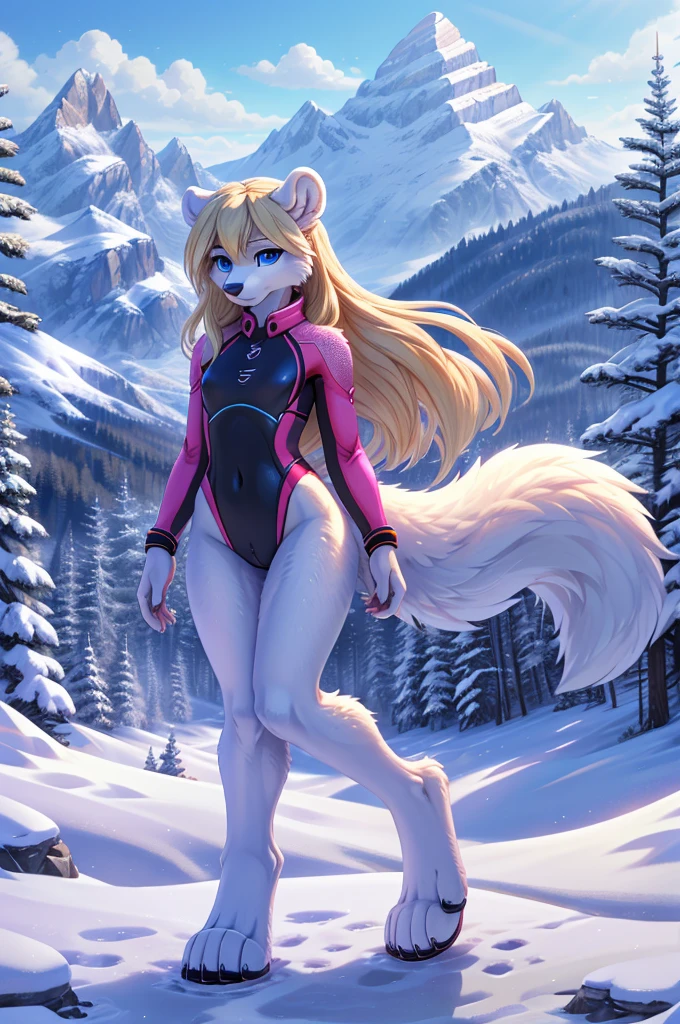 beautiful, (masterpiece), high quality, Highly detailed CG Unity 8k wallpaper, High resolution, perfect lighting, youthful, adolescent, tall, slim, skinny, frail slender figure, slim legs, medium breasts, furry polar bear character, distinctly feminine figure, narrow hips, long legs, thick, fluffy, volumetric fur, sporty black and pink bodysuit, cinematic high fidelity, white fuzzy fur, loose long blonde hair, glamour pose, intimate, looking at camera, deep detailed blue eyes, detailed fluffy fur, fluffy fur texture, snowy mountain peak environment