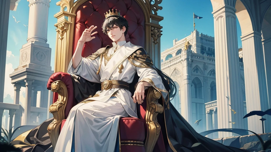 black hair, short hair, the king sits on a majestic throne inside a majestic palace with a crown. King of the sea, The environment around it is majestic. Throne with silver and precious stone details, and covered with silver cloth. The protagonist is dressed in royal clothes., the king's beautiful black and blue robe, with a determined expression on his face, when he looks at the horizon with glowing and piercing blue eyes, Sharp facial features, masterpiece, Best quality, Concept art in 8K resolution, Fantasy art, epic art, concept art wallpaper 4K, deep color, daylight. adult, Beautiful, tall guy, broad shoulders.