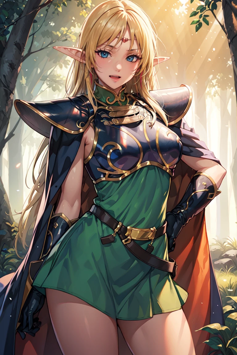 (extremely detailed fine touch:1.2), (natural light, sun light, light rays, dappled light, ray tracing:1.2), mature female , masterpiece, best quality, highly quality , 
pointy ears, blonde hair, long hair, elf, circlet, green eyes, long pointy ears, very long hair, breasts, medium breasts, earrings, lips, makeup, bangs,
cape, armor, blue cape, shoulder armor, pauldrons, gloves, breastplate, belt, green dress, short dress,
looking at viewer, blush, open mouth, standing,