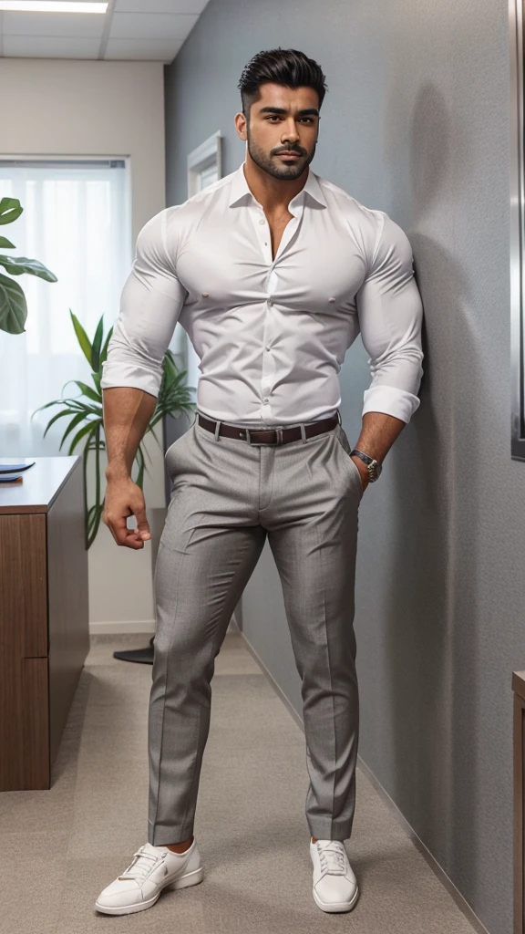 Latino beared muscle hunk, with big muscled chest, arms, triceps, biceps, wrist, in white formal shirt, grey formal pant, brown formal shoes, white formal shoes, sexy hairstyle, handsome face, standing in office, full body, top to bottom, dimple in his face, full body view, see with attitude, latino hunk kissing indian hunk in picture, kissing together