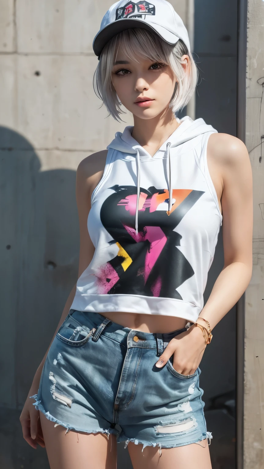 masterpiece, Highest quality, Very detailed, 8K, Realistic, One Girl, alone, Tomboy, Very detailed face, (head shot:1.5), Standing in front of a wall covered in hip hop graffiti, Pixie cut white hair, He is wearing a short tank top and an open-zipped hoodie..,I can see your chest,Nice ass,Wear a New Era cap,Facing forward
