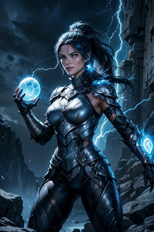MILF, evil beautiful and muscular Nordic female storm giant with blue black hair in a ponytail, older and mature woman, throwing a lightning ball, glowing tattoos, wearing steel runic plate mail Armour , temple cave background with lightning storm, glowing blue eyes, square jaw, powerful and imposing