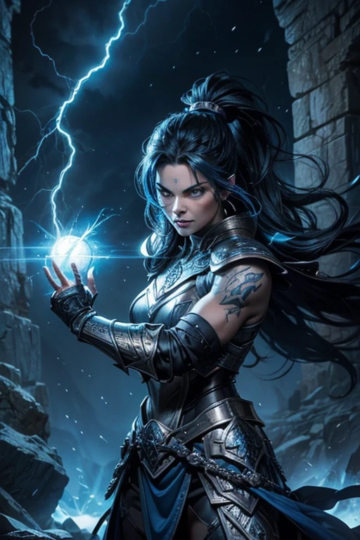 MILF, evil beautiful and muscular Nordic female storm giant with blue black hair in a ponytail, older and mature woman, throwing a lightning ball, glowing tattoos, wearing steel runic plate mail Armour , temple cave background with lightning storm, glowing blue eyes, square jaw, powerful and imposing