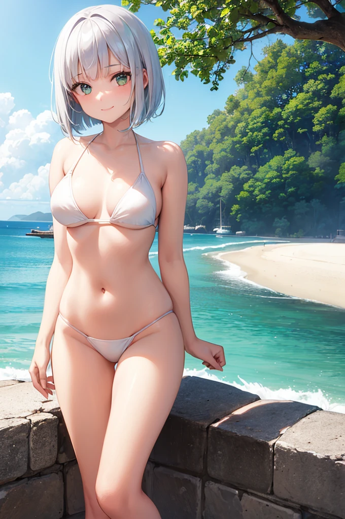 1 girl, beautiful girl, cute girl and idol face, smile, white skin, short and bob cut hair, shiny silver hair, Only one strand of hair that flips out, beautiful green, eyes, Medium breasts, beautiful body, ((white bikini swimsuit)), Summer Sea, Seaside, bathing beach, whole, Girl playing with waves on the beach,