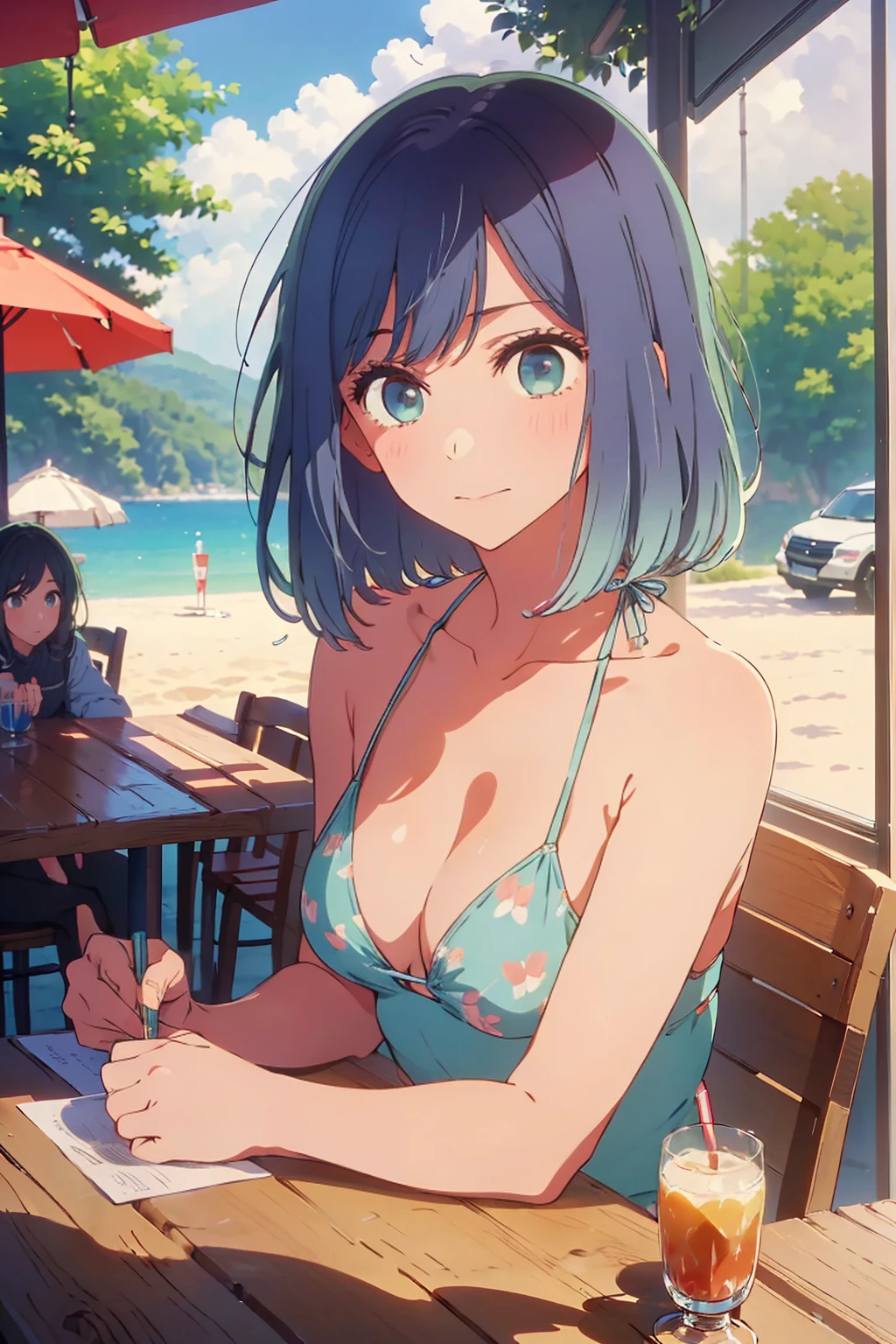 (Highest quality:1.4、masterpiece:1.4、Super detailed:1.4、8K:1.4)、((((1 person、Surprised expression、sit、Outdoor café terrace、coastal、juice、table、Sandy Beach、juiceのグラスを持つ、Plain Bikini、The depth of the written world、Very soft boobs、Big eyes、Very cute face))))、F cup bust、Medium breast