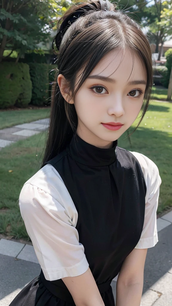 collared dress,european city park,On the lawn,One woman,masutepiece, The highest image quality, High quality, the background is clear,Beautiful woman, Japanese,Ultra-detailed, finely detail, hight resolution, 8K Wallpaper, Perfect dynamic composition, Beautiful detailed eyes , Detailed, Detailed eyes, Detailed skin, Beautiful skin, 超hight resolution, (reality: 1.4),Very beautiful woman, Slightly younger face, Beautiful skin, slender, (Ultra photo realsisim), (hight resolution), (8K), (Very detailed) (beautifully detailed eyes), (super detailed), (Detailed face), view the viewer, Fine details, Detailed face, Staring straight ahead, Staring straight ahead, photos realistic, Bright lighting, Professional Lighting, Black hair,poneyTail,a baby face,sixteen years old,Hairstyle: ponytail,Long ponytail hairstyle,slight smile,neat and tidy clothing,Beautiful Japanese KPOP idol photo, hair style is ponytail, my eyes are double and wide, baby face, smile and look straight ahead, slender, small breasts,Close up face,