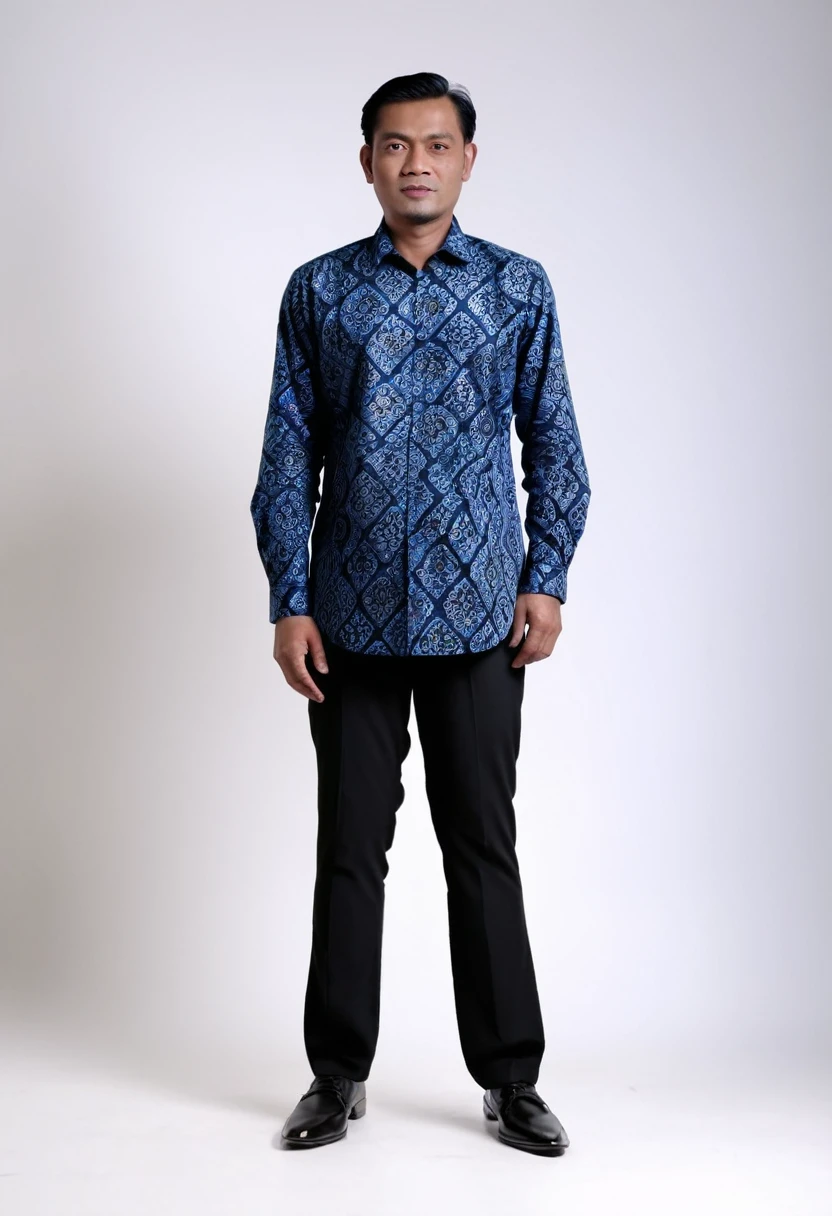 A portrait of an Indonesian man, 35 years old, 173 cm height, standing pose, full body, his body is a little fat, wearing blue batik shirt, black formal trousers and formal shoes, facing the camera, Use white lighting. super hd, realistic, 8k