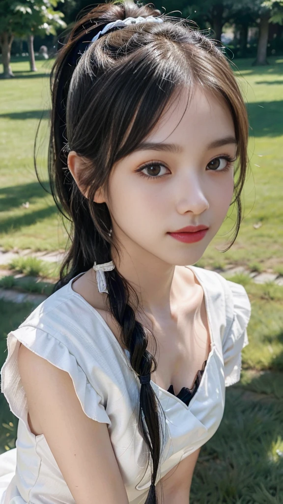 collared dress,european city park,On the lawn,One woman,masutepiece, The highest image quality, High quality, the background is clear,Beautiful woman, Japanese,Ultra-detailed, finely detail, hight resolution, 8K Wallpaper, Perfect dynamic composition, Beautiful detailed eyes , Detailed, Detailed eyes, Detailed skin, Beautiful skin, 超hight resolution, (reality: 1.4),Very beautiful woman, Slightly younger face, Beautiful skin, slender, (Ultra photo realsisim), (hight resolution), (8K), (Very detailed) (beautifully detailed eyes), (super detailed), (Detailed face), view the viewer, Fine details, Detailed face, Staring straight ahead, Staring straight ahead, photos realistic, Bright lighting, Professional Lighting, Black hair,poneyTail,a baby face,sixteen years old,Hairstyle: ponytail,Long ponytail hairstyle,slight smile,neat and tidy clothing,Beautiful Japanese KPOP idol photo, hair style is ponytail, my eyes are double and wide, baby face, smile and look straight ahead, slender, small breasts,Close up face,