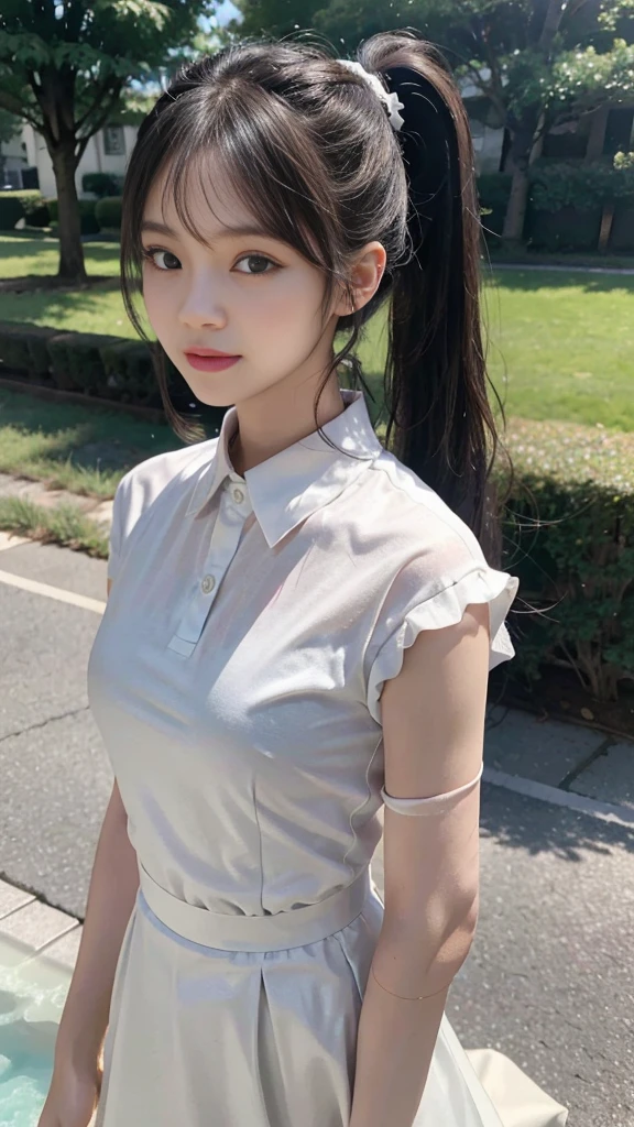 collared dress,european city park,On the lawn,One woman,masutepiece, The highest image quality, High quality, the background is clear,Beautiful woman, Japanese,Ultra-detailed, finely detail, hight resolution, 8K Wallpaper, Perfect dynamic composition, Beautiful detailed eyes , Detailed, Detailed eyes, Detailed skin, Beautiful skin, 超hight resolution, (reality: 1.4),Very beautiful woman, Slightly younger face, Beautiful skin, slender, (Ultra photo realsisim), (hight resolution), (8K), (Very detailed) (beautifully detailed eyes), (super detailed), (Detailed face), view the viewer, Fine details, Detailed face, Staring straight ahead, Staring straight ahead, photos realistic, Bright lighting, Professional Lighting, Black hair,poneyTail,a baby face,sixteen years old,Hairstyle: ponytail,Long ponytail hairstyle,slight smile,neat and tidy clothing,Beautiful Japanese KPOP idol photo, hair style is ponytail, my eyes are double and wide, baby face, smile and look straight ahead, slender, small breasts,Close up face,