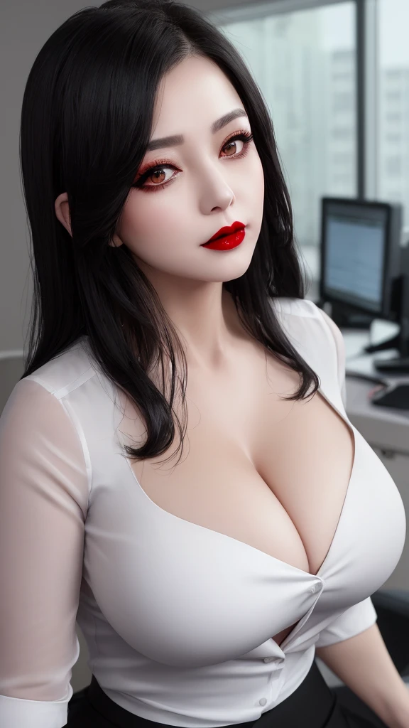busty strict hot office lady boss, dark hair, dark makeup, red lips, wearing a light short white office dress with a deep neckline, looking tired and wet