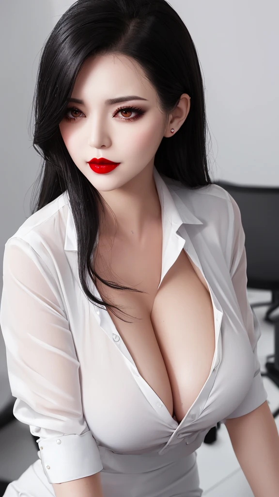 busty strict hot office lady boss, dark hair, dark makeup, red lips, wearing a light short white office dress with a deep neckline, looking tired and wet