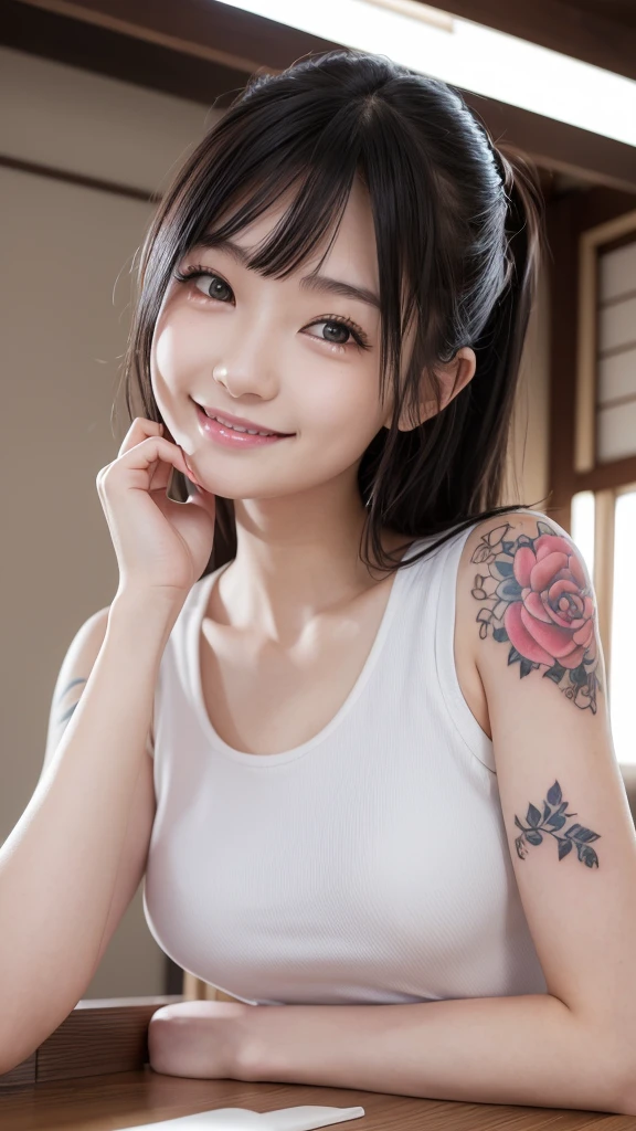 One girl, one girl, one person, japanese girl, mischievous smile, devilish smile, grinning smile, Japanese girl, 20 year old girl, beautiful, pretty face, cute face, mischievous expression, tank top, tank top, large breast, ((tatoo))