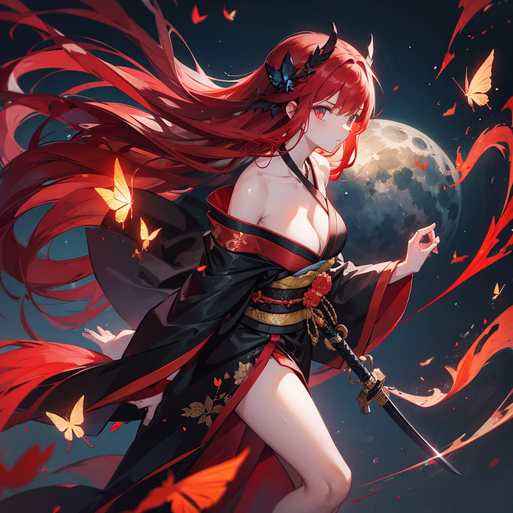 ((((Grasp the sword　1 person))))　(((Redhead　Long Hair　Black kimono　red band　Goddess of victory)))　((Red butterfly　night　Japanese style　shoulder　old))　(moon　star　autumn)　Shining Edge　Shining Background