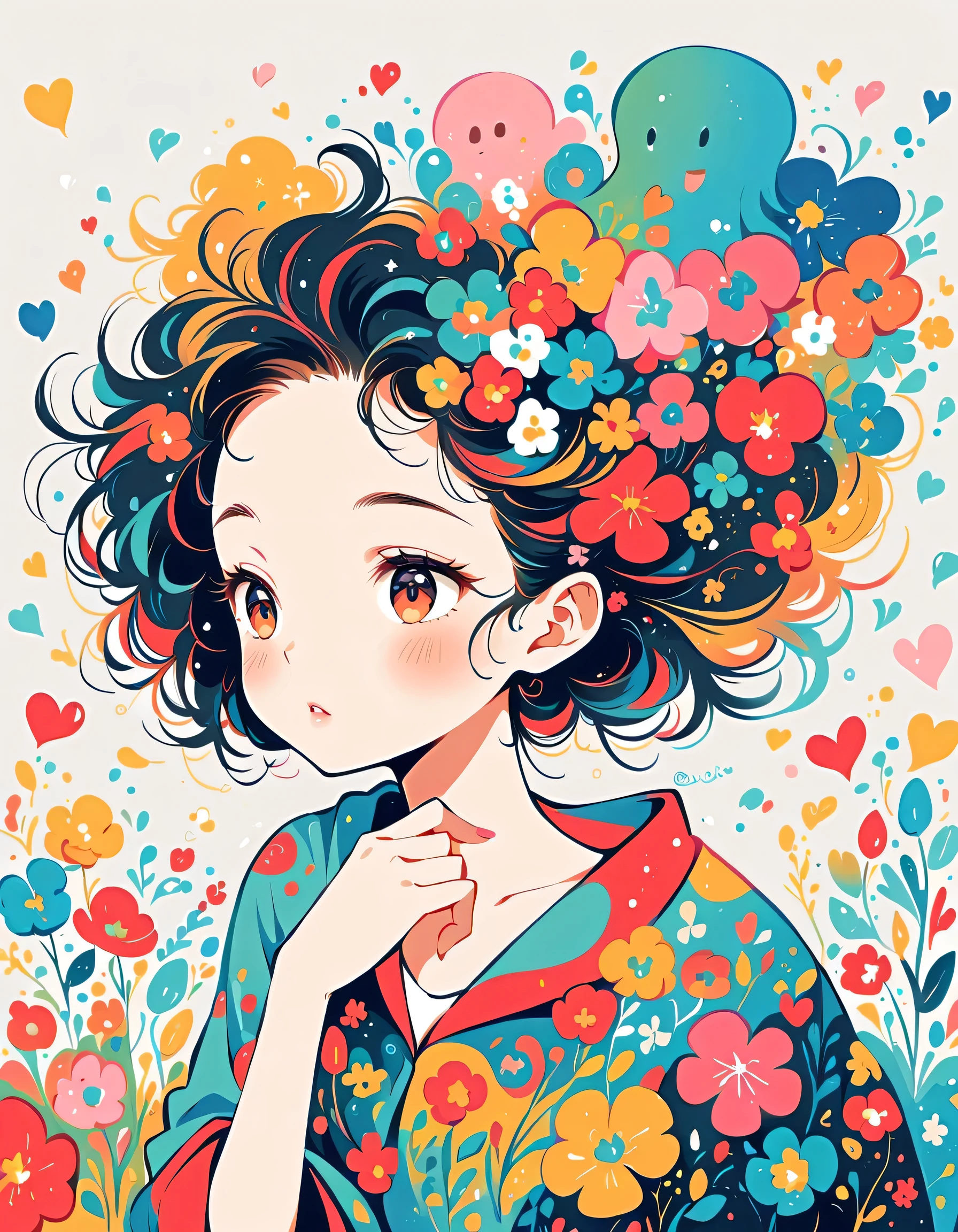 Black Star Red and White style, Simple Line Initialism,Abstract art,Urban Background, colorful hearts ,colorful flowers, (((The most beautiful girl of all time))), playing, Cute and colorful amoeba