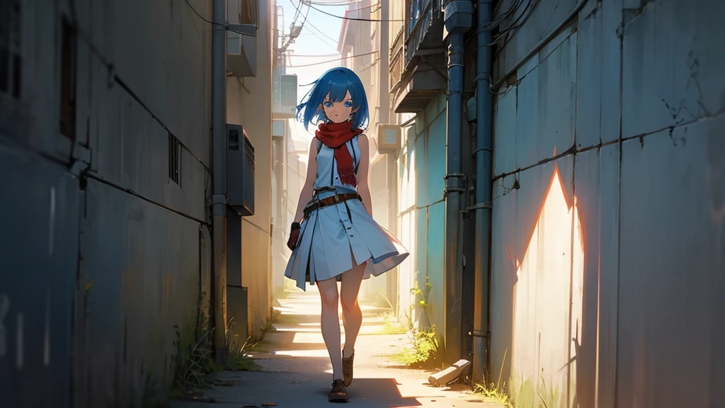 A young anime girl with short blue hair and blue eyes stands in an urban alleyway. She is wearing a white sleeveless dress that has a belt at the waist, and she has a large red scarf wrapped around her neck. The girl has a pensive and somewhat melancholic expression on her face. The alleyway is narrow and slightly run-down, with some debris and vegetation visible on the ground. The scene is lit by sunlight, casting shadows and creating a realistic atmosphere. The background includes some buildings and a few power lines, enhancing the urban setting