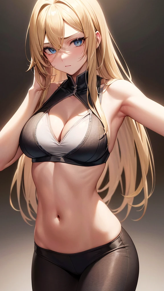 Blond hair, blue eyes, straight hair, forehead showing, combed back hair, hair band, rich, properly dressed, crack in chests, cleavages, ager, big chests, cleavages, sports bra, bra, shoulder straps, sleeveless, leggings, gym, midriff, ultra-detailed, absurdres, unreal engine, masterpiece, best quality, beautiful eyes, volumetric lighting, silky_hair), best quality, ultra-detailed, solo, looking at viewer, highres, 8k wallpaper, extremely detailed, smooth lighting, 8k, depth of field, masterpiece, cinematic lighting,