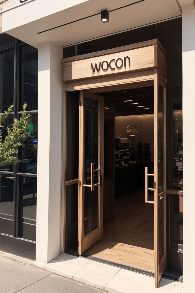 Entrance to a makeup store with brown tones, Wood, white and light brown