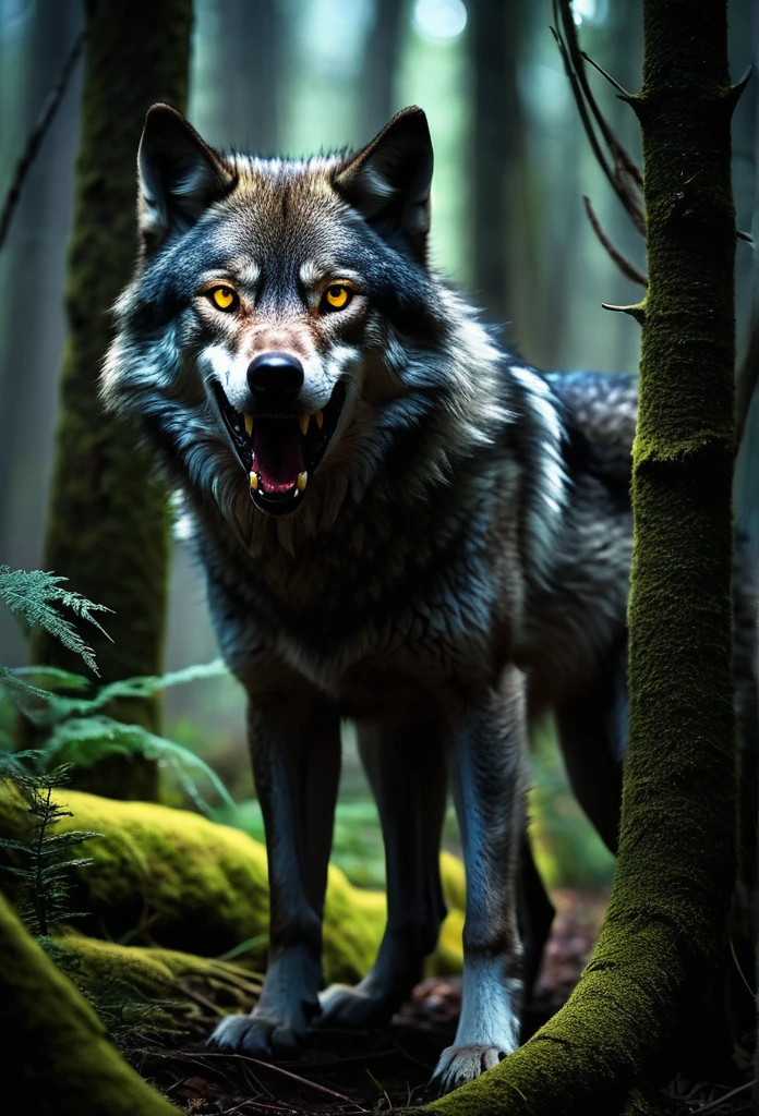 A mysterious creature lurking deep in the cursed forest。Its body resembles that of a large wolf.、The hair is reddish-black、Shining strangely。The eyes are deep yellow、Emitting an eerie light、Captivating to the viewer。Sharp fangs peeking out from its mouth、A low growl echoes.。ears are big、Capture every faint sound in the forest。the tail is long、Flickering like a ghost。Suddenly appearing from the shadows、Attacking prey
