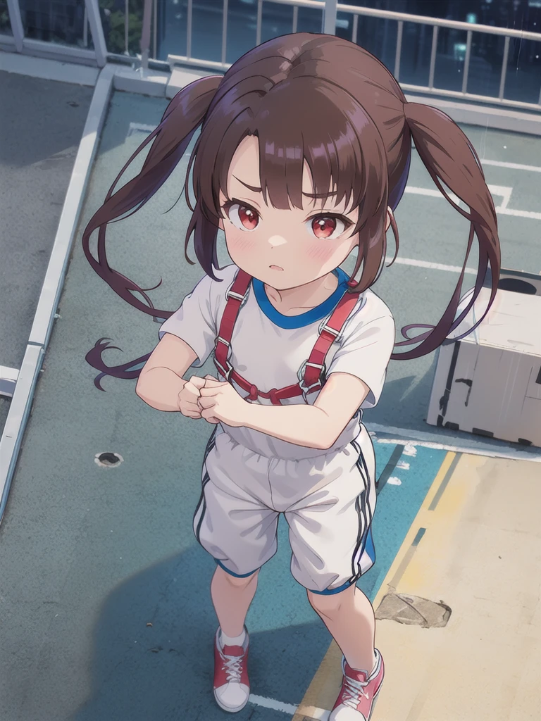 1girl,{{{{Red harness}}}},Look Up,{{{Climbing the brown rope}}},A view from above,Watching the audience,Outdoor,night,rain,White square bib number,Gym suit,Blue Bloomers,Red eyes,Long twin tails,Brown Hair,Eyebrows visible through hair,Flat Chest,,Focus on face,Straight face