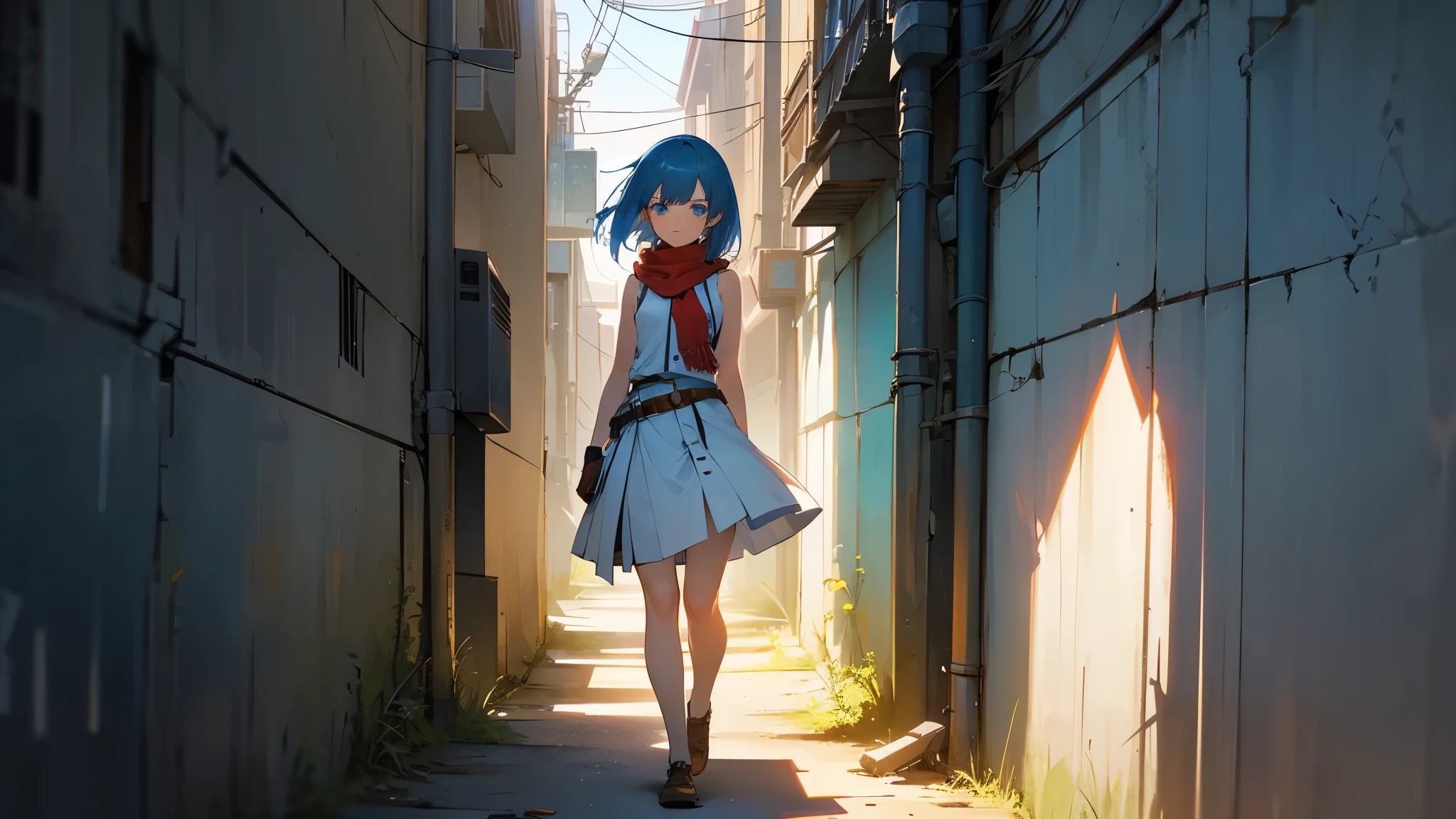 A young anime girl with short blue hair and blue eyes stands in an urban alleyway. She is wearing a white sleeveless dress that has a belt at the waist, and she has a large red scarf wrapped around her neck. The girl has a pensive and somewhat melancholic expression on her face. The alleyway is narrow and slightly run-down, with some debris and vegetation visible on the ground. The scene is lit by sunlight, casting shadows and creating a realistic atmosphere. The background includes some buildings and a few power lines, enhancing the urban setting