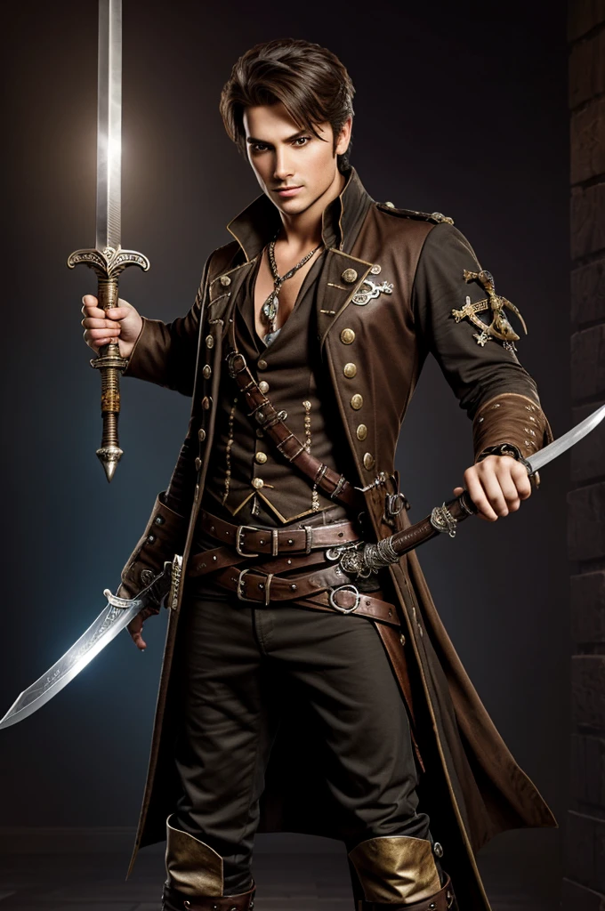 hyper realistic style, A young man, 30 years, pirate dress, steampunk style, holds a sword in his right hand, He has his right hand with the sword raised. full body image