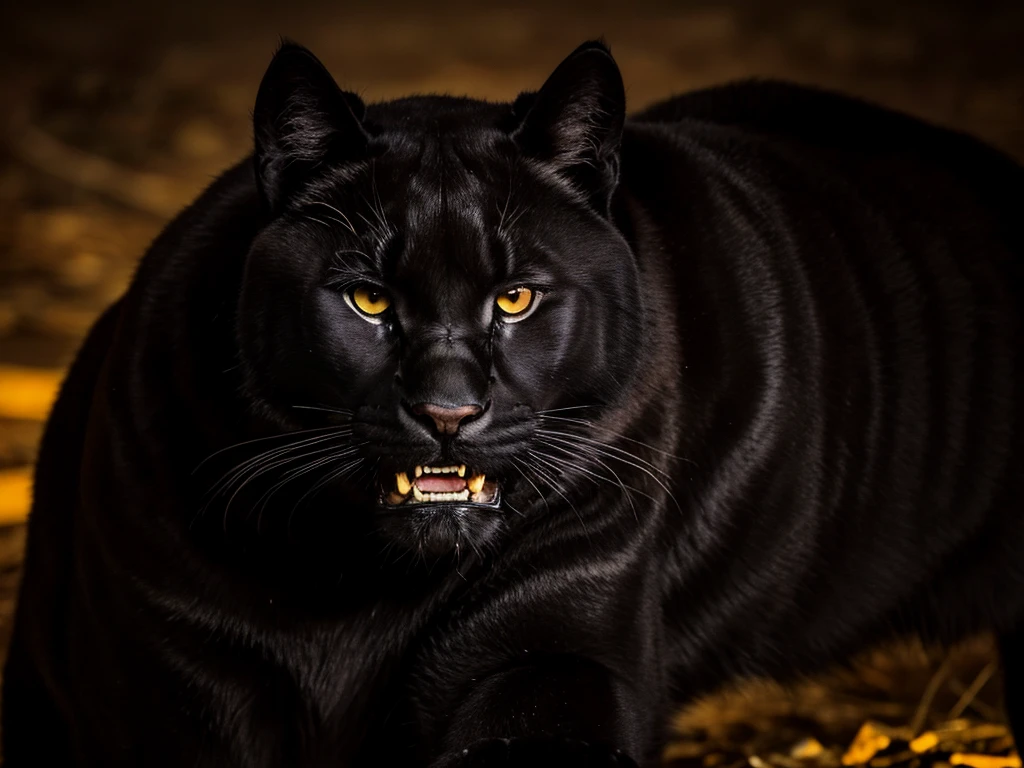 only traces of an animal black panther only face, very aggressive, gold eyes, showing fangs, black background without light, dark surroundings, causing fear, 
