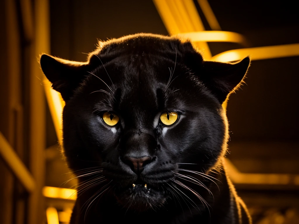 only traces of an animal black panther only face, very aggressive, gold eyes, showing fangs, black background without light, dark surroundings, causing fear,