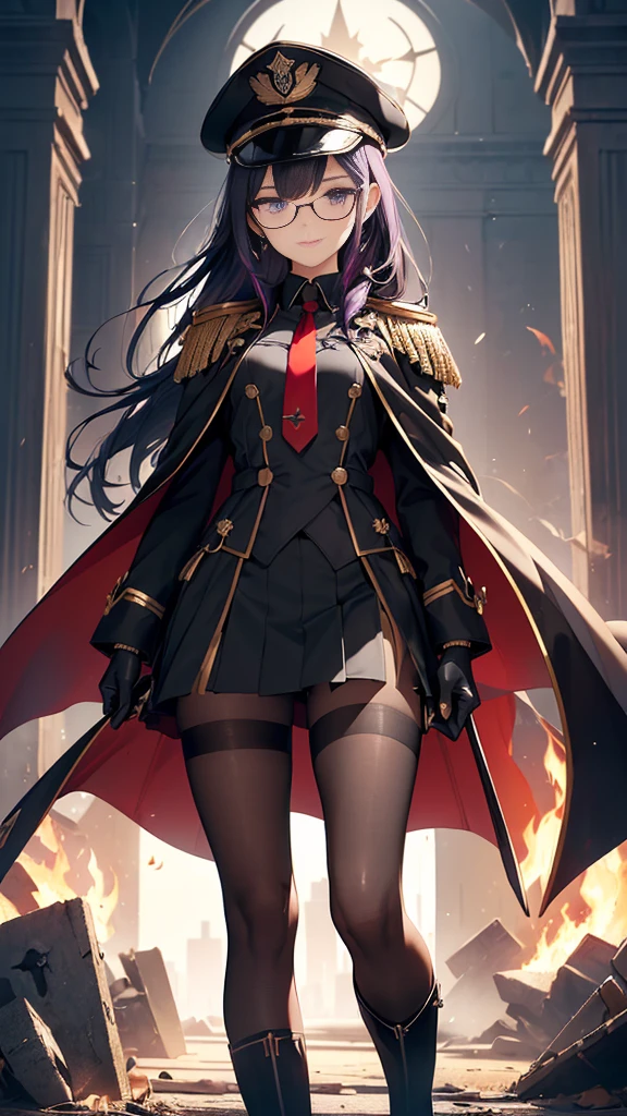 realisitic, City Deserted, Pile of rubble, Brick building, a one woman (18 years old, far away blackw hair, far away slits, Eyes red, glare eyes, 精致的面容, standing (In floor, feet shoulder-width apart), Lolita style military uniform (blackw base, Red Insert, golden decoration, volantes, wide sleeves, dainty and delicate detailing armors), blackw far away gloves (blackw, Red Insert, golden decoration, small hands, armors), blackw far away gloves, knee high boots (blackw, high-heels, red soles), ha (blackw, aba dourada, shield emblem, delicate details), arms in front, Front of belly, Holding military swords with both hands (blackw, golden decoration, delicate detail, Handle at the top, Ground-facing blade, in front of the body, far away), night sky (blackw, stele, Increased flames and smoke) Pale painting style, One Girl, super high quality, Super Detail, Super Detailed image, long hair, looking at viewer, skirt, shirt, hair ornament, violet eyes, gloves, round glasses, long sleeves, hat, closed mouth, jacket, violet hair, braid, open clothes, necktie, black gloves, black skirt, uniform, single braid, open jacket, black jacket, black headwear, 手链, peaked cap, black necktie, cropped jacket, military hat, pantyhose, Flat Chest, smile, Black Cape