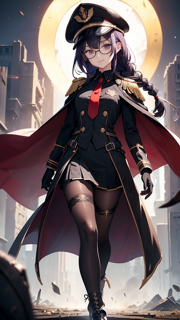 realisitic, City Deserted, Pile of rubble, Brick building, a one woman (18 years old, far away blackw hair, far away slits, Eyes red, glare eyes, 精致的面容, standing (In floor, feet shoulder-width apart), Lolita style military uniform (blackw base, Red Insert, golden decoration, volantes, wide sleeves, dainty and delicate detailing armors), blackw far away gloves (blackw, Red Insert, golden decoration, small hands, armors), blackw far away gloves, knee high boots (blackw, high-heels, red soles), ha (blackw, aba dourada, shield emblem, delicate details), arms in front, Front of belly, Holding military swords with both hands (blackw, golden decoration, delicate detail, Handle at the top, Ground-facing blade, in front of the body, far away), night sky (blackw, stele, Increased flames and smoke) Pale painting style, One Girl, super high quality, Super Detail, Super Detailed image, long hair, looking at viewer, skirt, shirt, hair ornament, violet eyes, gloves, round glasses, long sleeves, hat, closed mouth, jacket, violet hair, braid, open clothes, necktie, black gloves, black skirt, uniform, single braid, open jacket, black jacket, black headwear, 手链, peaked cap, black necktie, cropped jacket, military hat, pantyhose, Flat Chest, smile, Black Cape