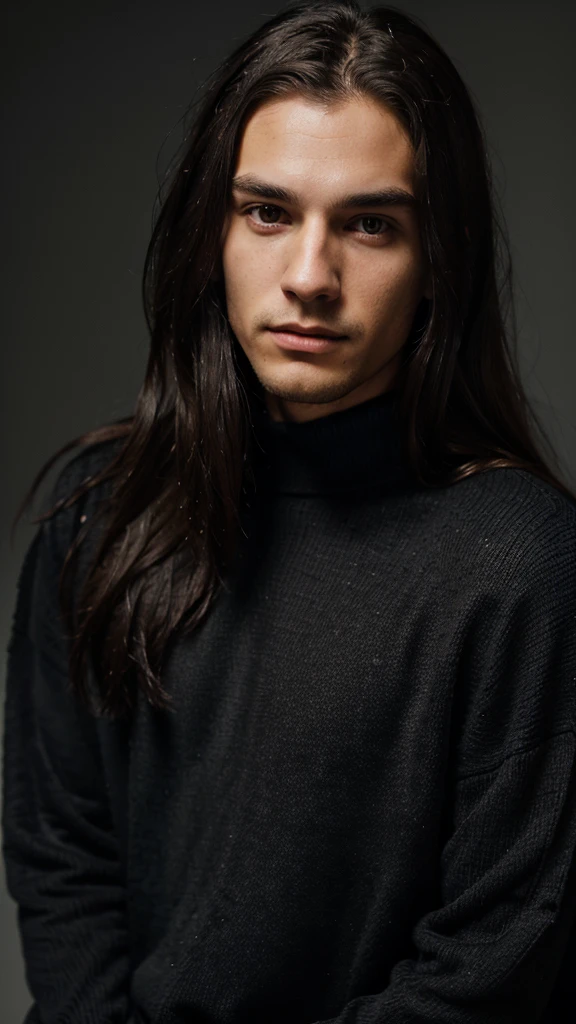 young man wearing a black sweater, long hair ,RAW(potrait),((ultra realistis))8k