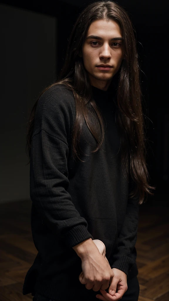 young man wearing a black sweater, long hair ,RAW(potrait),((ultra realistis))8k
