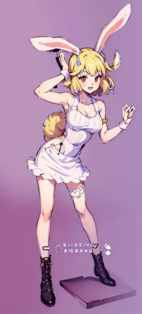 (ultra detailed background, delicate pattern, intricate detail, highly detailed, fine details), best quality,((medium breasts, slim girl,  close-up, portrait)), CarrotChan, 1girl, solo, blonde hair, animal ears, rabbit ears, rabbit girl, furry female, furry, short hair, smile, rabbit tail,  ((slim girl, medium breasts, animal nose)), 1girl, solo, animal ears, rabbit ears, blonde hair, boots, tail, rabbit girl, rabbit tail, skirt, hat, suspenders, breasts, full body, short hair, black background, simple background, open mouth, ears through headwear