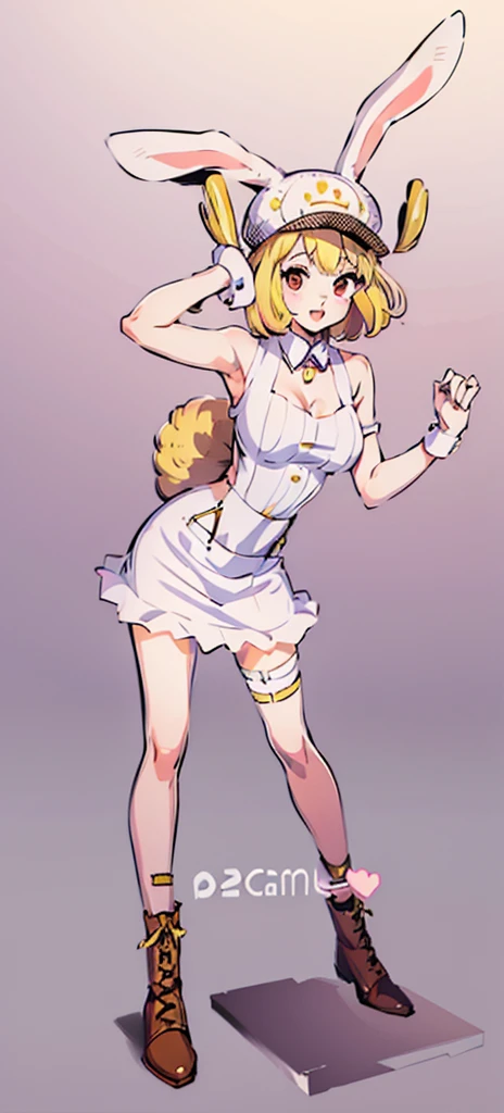 (ultra detailed background, delicate pattern, intricate detail, highly detailed, fine details), best quality,((medium breasts, slim girl,  close-up, portrait)), CarrotChan, 1girl, solo, blonde hair, animal ears, rabbit ears, rabbit girl, furry female, furry, short hair, smile, rabbit tail,  ((slim girl, medium breasts, animal nose)), 1girl, solo, animal ears, rabbit ears, blonde hair, boots, tail, rabbit girl, rabbit tail, skirt, hat, suspenders, breasts, full body, short hair, black background, simple background, open mouth, ears through headwear