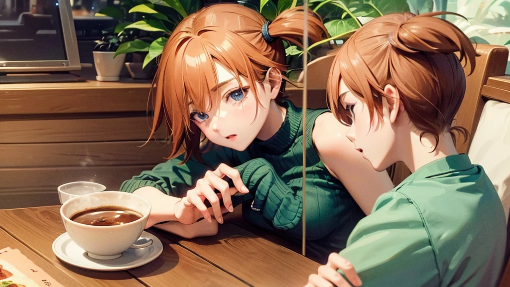 (8k、RAWE Photo、Highest quality、masterpiece:1.2)、Highest quality、Ultra-high resolution、Emotional Girls)cafe,chill,Sitting in a chair,evening