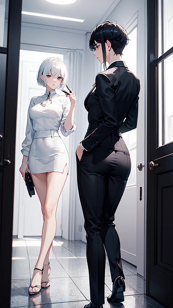 masterpiece, best quality,White shirt,Black tie,Black tight dress pants,Solitary,male,White short hair,Red pupils,Hips,Bathroom Background,Hold a pistol in hand,Turn around,Look Back