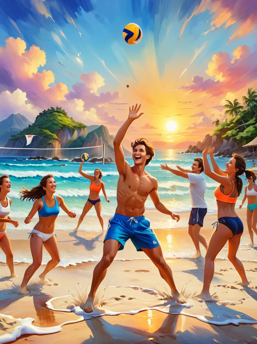 A group of energetic young people playing beach volleyball，on the beach，ocean，islands，Sunset，Prime Time，Nostalgia，memory，Sportswear，hapiness，Smile，(Oil painting style，charming，Vivid colors), (Best quality，8K，high resolution，masterpiece)，Ultra-detailed