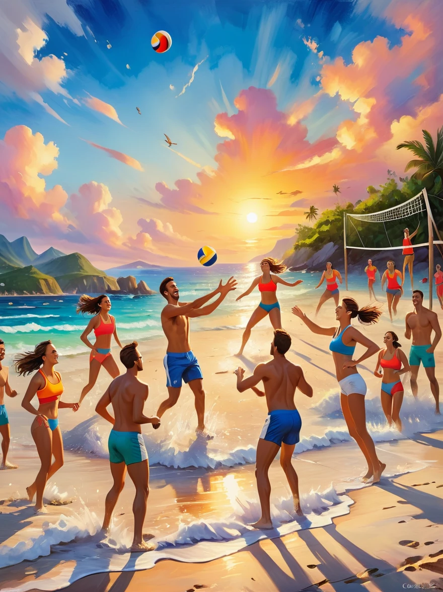 A group of energetic young people playing beach volleyball，on the beach，ocean，islands，Sunset，Prime Time，Nostalgia，memory，Sportswear，hapiness，Smile，(Oil painting style，charming，Vivid colors), (Best quality，8K，high resolution，masterpiece)，Ultra-detailed