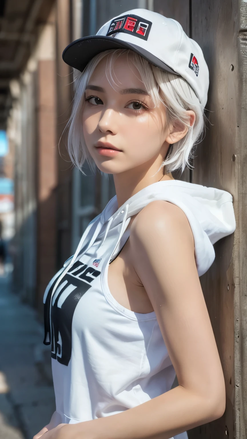 masterpiece, highest quality, Very detailed, 8k, Realistic, One Girl, alone, Tomboy, Very detailed face, (head shot:1.5), Standing in front of a wall covered in hip hop graffiti, Pixie cut white hair, He is wearing a short tank top and an open-zipped hoodie...,I can see your chest,Nice ass,Wear a New Era cap