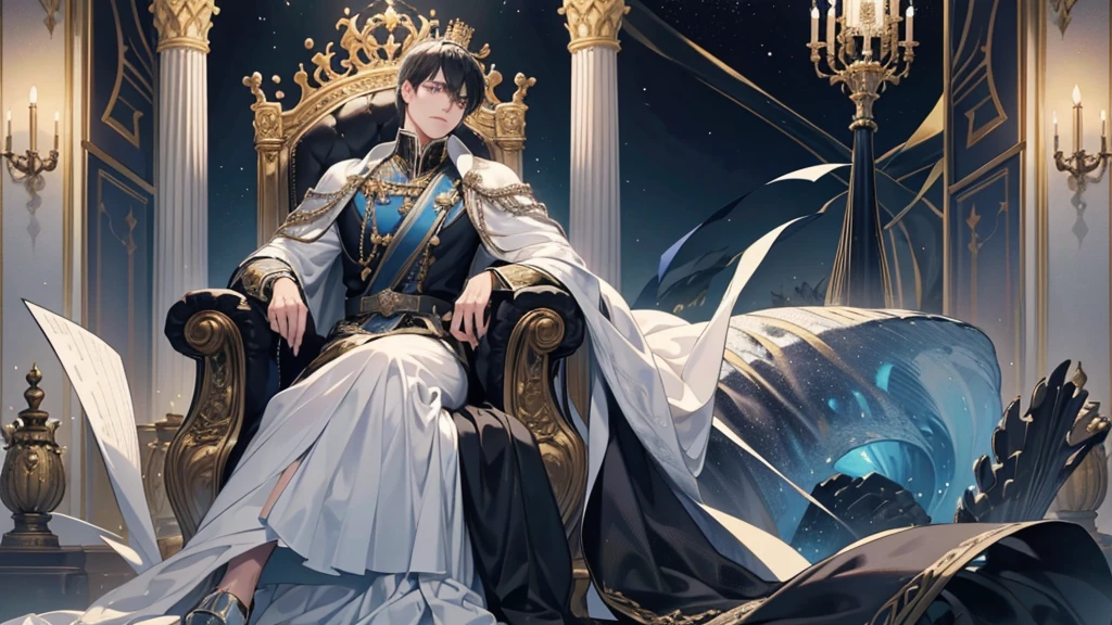 adult, black hair, short hair, the king sits on a majestic throne inside a majestic palace with a crown. King of the sea, The environment around it is majestic. Black Throne with silver and gemstone details, and covered with silver cloth. The protagonist is dressed in royal clothes., Arrogant Posture, the king's beautiful black and blue robe, with a determined expression on his face, when he looks at the horizon with glowing and piercing blue eyes, Sharp facial features, masterpiece, Best quality, Concept art in 8K resolution, Fantasy art, epic art, concept art wallpaper 4K, deep color, daylight. adult, Beautiful, tall guy, broad shoulders.