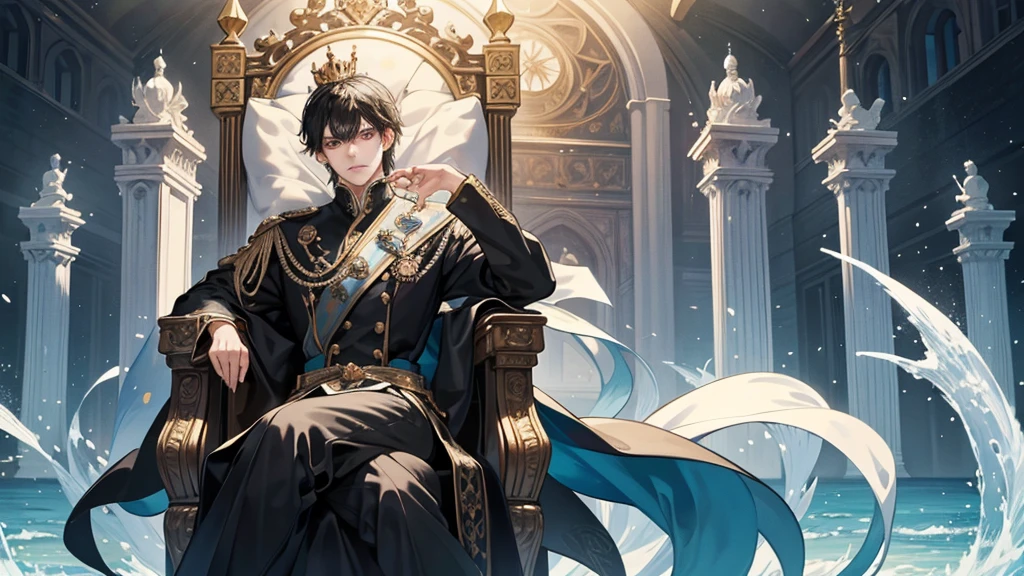 adult, black hair, short hair, the king sits on a majestic throne inside a majestic palace with a crown. King of the sea, The environment around it is majestic. Black Throne with silver and gemstone details, and covered with silver cloth. The protagonist is dressed in royal clothes., Arrogant Posture, the king&#39;s beautiful black and blue robe, with a determined expression on his face, when he looks at the horizon with glowing and piercing blue eyes, Sharp facial features, masterpiece, Best quality, Concept art in 8K resolution, Fantasy art, epic art, concept art wallpaper 4K, deep color, daylight. adult, Beautiful, tall guy, broad shoulders.