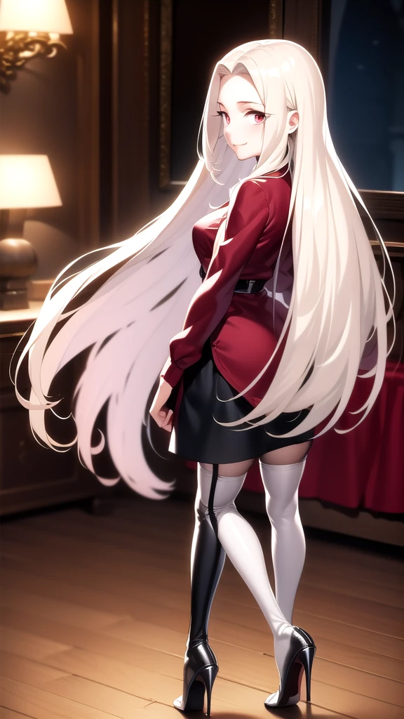 masterpiece, best quality, absurdres, perfect anatomy, 1girl, solo, Irisviel von Einzbern, long hair, red shirt, dress shirt, thigh high boots, heels, white skirt, pantyhose, cowboy shot, standing, smile, indoors, arms behind back, room, night,