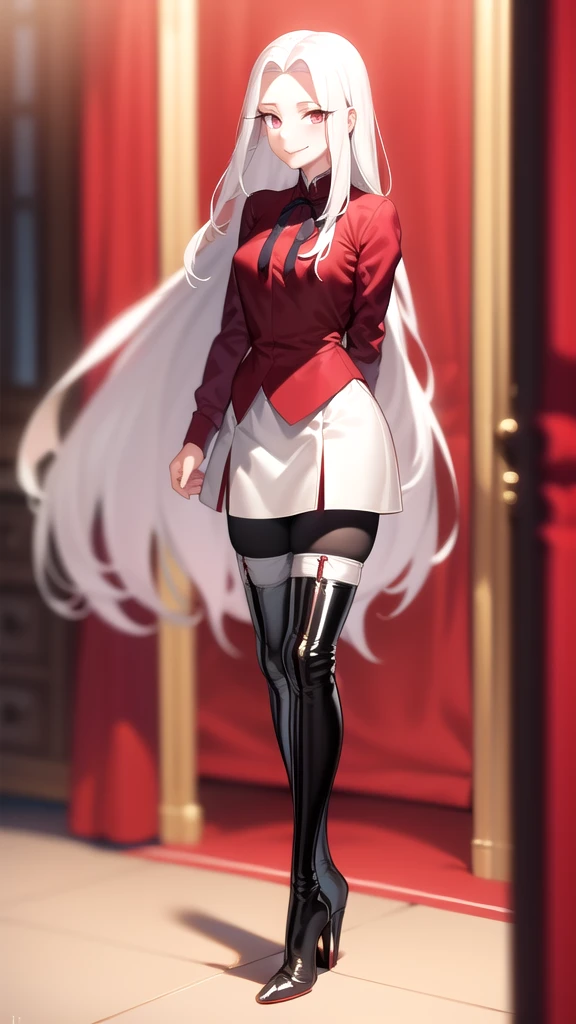 masterpiece, best quality, absurdres, perfect anatomy, 1girl, solo, Irisviel von Einzbern, long hair, red shirt, dress shirt, thigh high boots, heels, white skirt, pantyhose, cowboy shot, standing, smile, indoors, arms behind back, room, night,