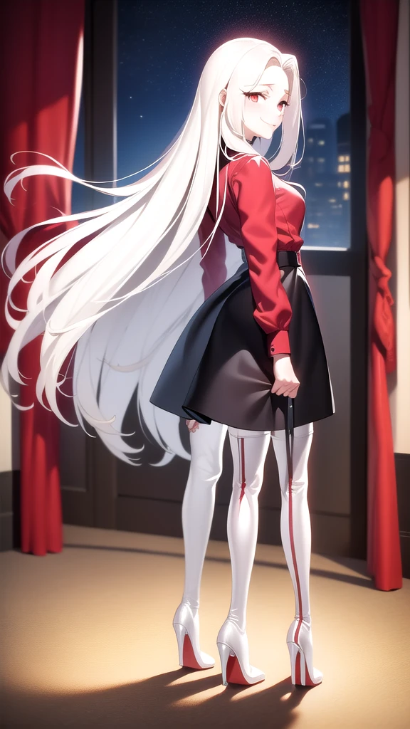 masterpiece, best quality, absurdres, perfect anatomy, 1girl, solo, Irisviel von Einzbern, long hair, red shirt, dress shirt, thigh high boots, heels, white skirt, pantyhose, cowboy shot, standing, smile, indoors, arms behind back, room, night, 